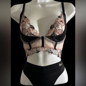 Victoria's Secret Black and Pink Floral Lace Underwire Bustier Bra & Black Thong